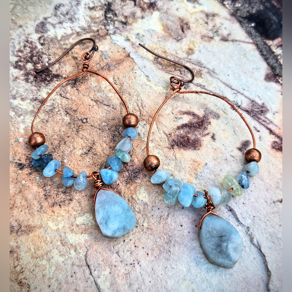 Celtic Iron Age Hammered Copper & Natural Aquamarine In Rustic Artisan Earrings